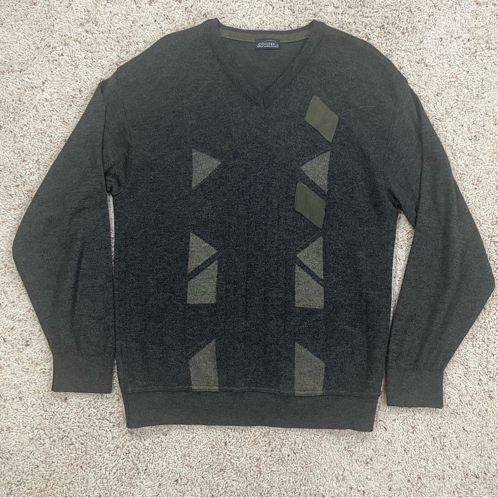 Cooper Canada Mens Large Gray Olive Wool Acrylic Blend Sweater Grandpa Crewneck